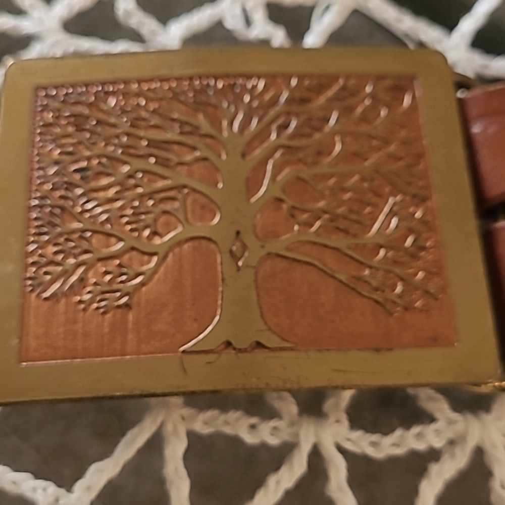 Beautiful Vintage Handmade Copper Brass Belt Buckle - Oak Cypress Wood Life Love